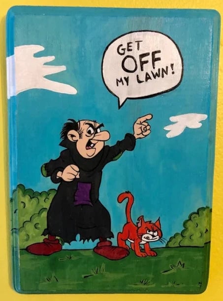 Gargamel and Azrael painting on wood – Auction – Cats in Comic
